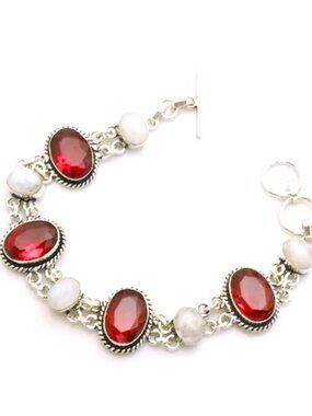 Garnet Rainbow Moonstone Gemstone Sterling Silver Bracelet  20 Gms